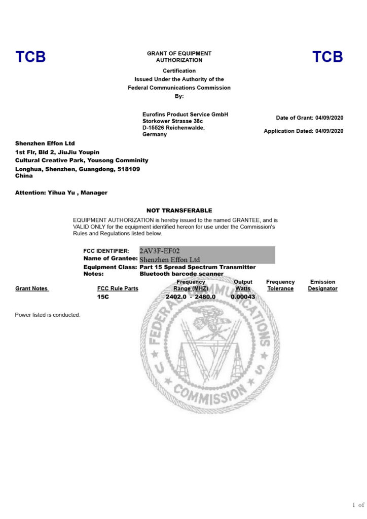Wearable Scanner FCC certificate