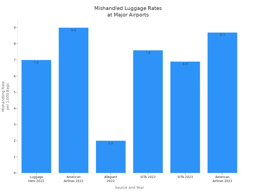 Bar chart comparing mishandled luggage rates by source and year